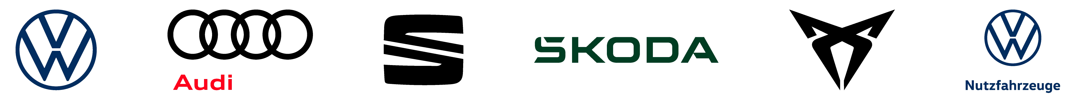 Logos von Volkswagen, Audi, SEAT, ŠKODA, CUPRA und Volkswagen Nutzfahrzeuge auf weißem Hintergrund, symbolisierend Volkswagen Retail GmbH.