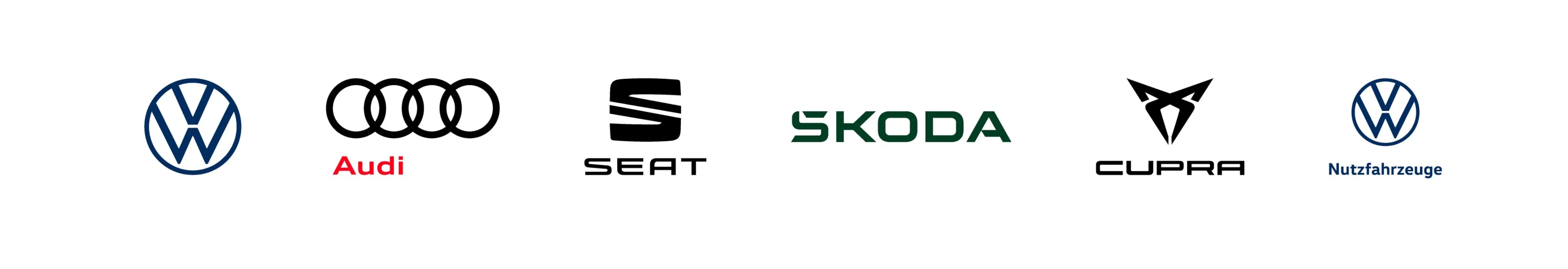 Logos von Volkswagen, Audi, SEAT, ŠKODA, CUPRA und Volkswagen Nutzfahrzeuge auf weißem Hintergrund, symbolisierend Volkswagen Retail GmbH.