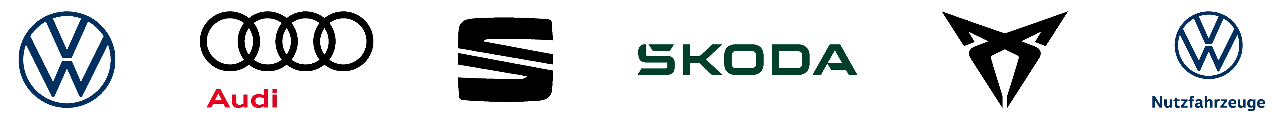 Logos der Marken Volkswagen, Audi, SEAT, Škoda, CUPRA und Volkswagen Nutzfahrzeuge auf weißem Hintergrund.