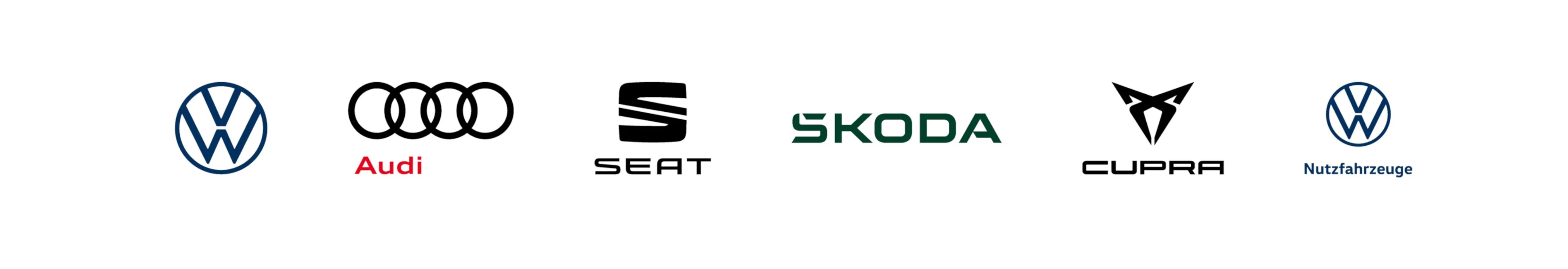 Logos der Marken Volkswagen, Audi, SEAT, Škoda, CUPRA und Volkswagen Nutzfahrzeuge auf weißem Hintergrund.