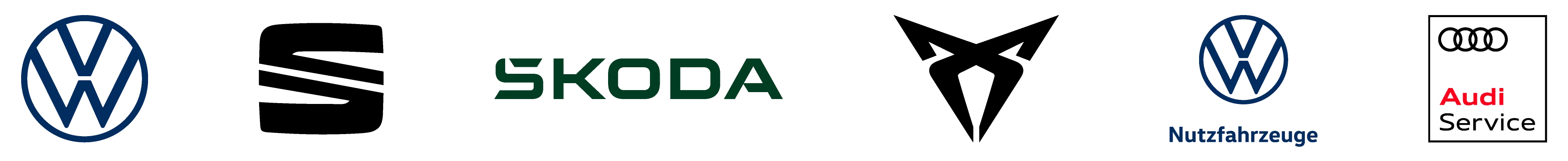 Logos der Automarken Volkswagen, SEAT, ŠKODA, CUPRA, VW Nutzfahrzeuge und Audi Service auf weißem Hintergrund.