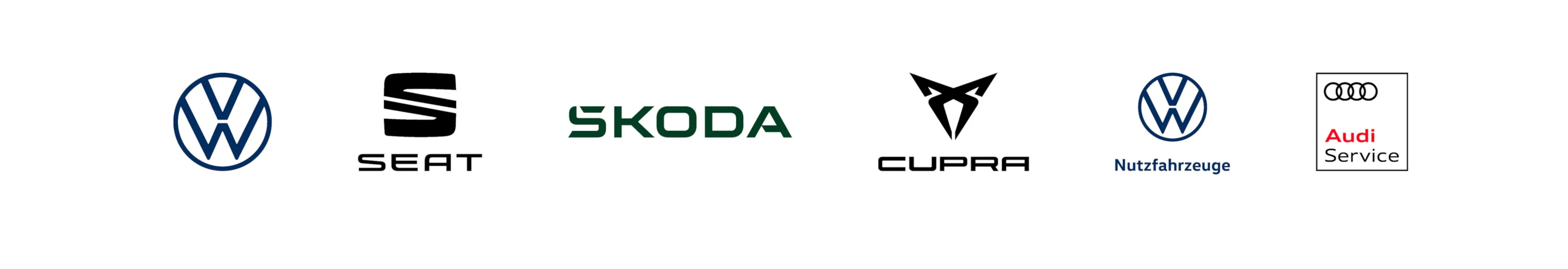 Logos der Automarken Volkswagen, SEAT, ŠKODA, CUPRA, VW Nutzfahrzeuge und Audi Service auf weißem Hintergrund.