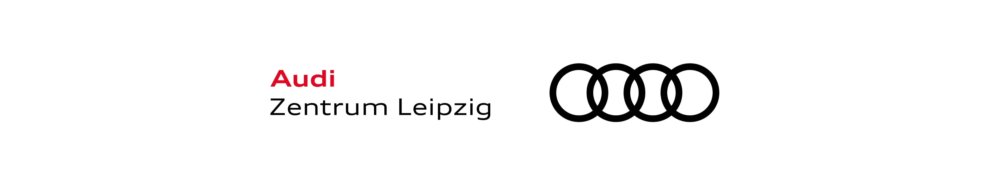Logo des Audi Zentrums Leipzig mit Audi-Ringen auf weißem Hintergrund.