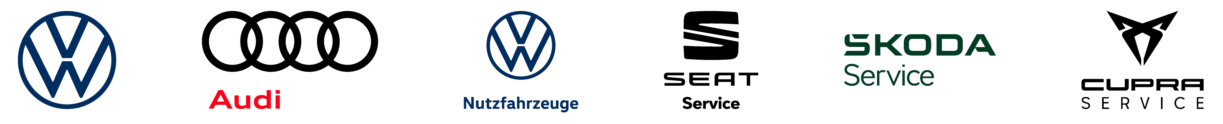 Logos von Volkswagen, Audi, Volkswagen Nutzfahrzeuge und ŠKODA Service nebeneinander auf weißem Hintergrund.