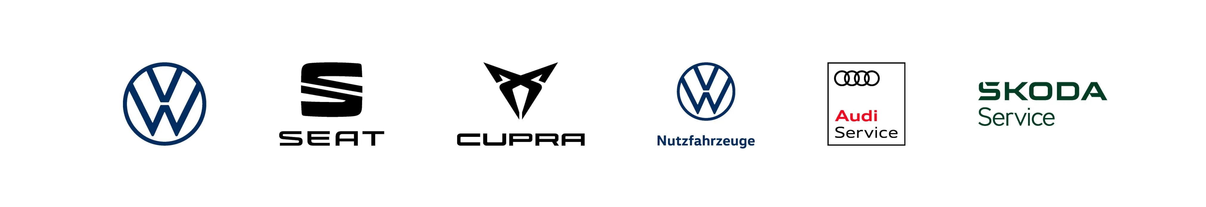 Logos von Volkswagen, SEAT, CUPRA, Volkswagen Nutzfahrzeuge, Audi Service und ŠKODA Service auf einer Linie.