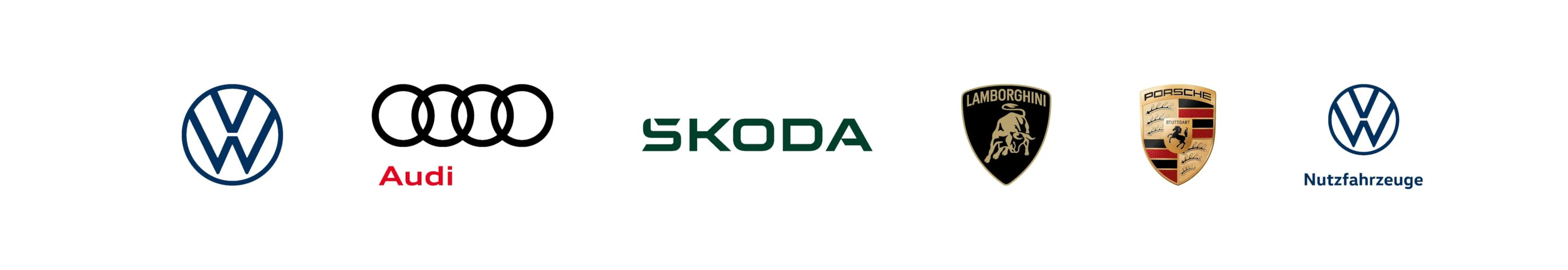 Logos der Automarken Volkswagen, Audi, Škoda, Lamborghini, Porsche und Volkswagen Nutzfahrzeuge auf weißem Hintergrund.