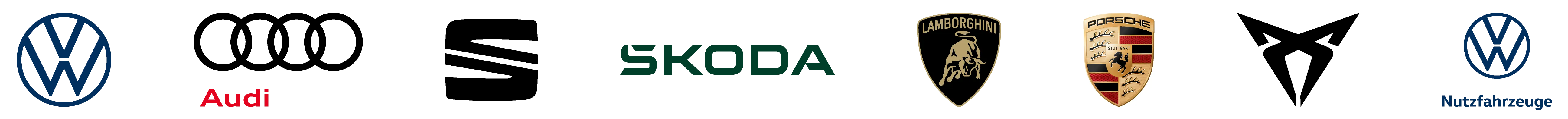 Logos der Automarken Volkswagen, Audi, SEAT, ŠKODA, CUPRA und Volkswagen Nutzfahrzeuge auf weißem Hintergrund.