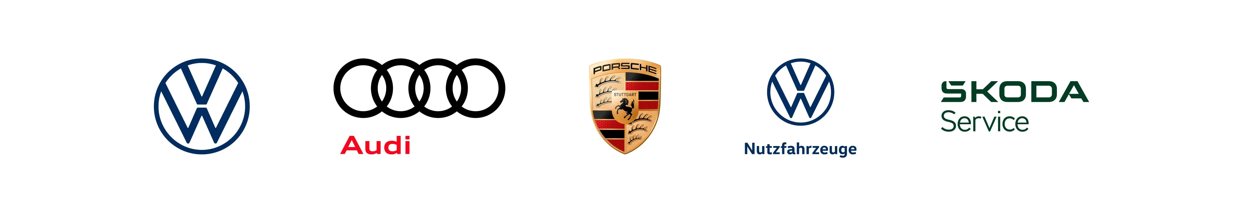 Logos von Volkswagen, Audi, Porsche, Volkswagen Nutzfahrzeuge und Škoda Service auf weißem Hintergrund.
