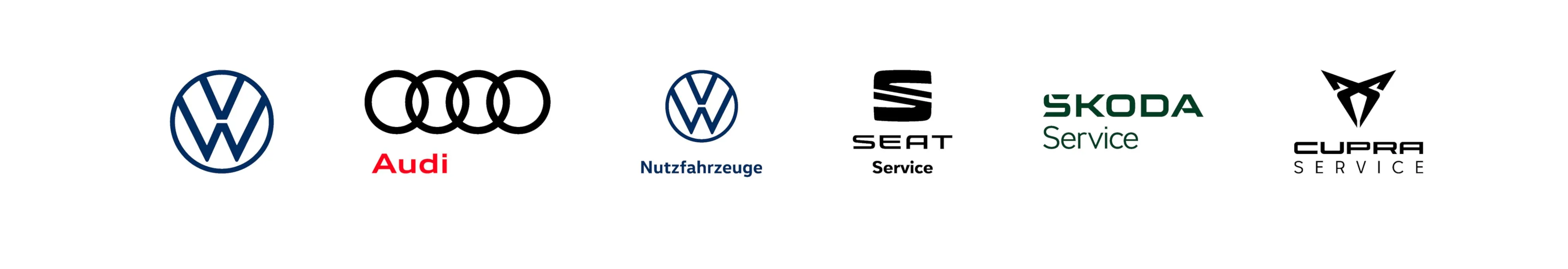 Logos von Volkswagen, Audi, Volkswagen Nutzfahrzeuge, SEAT Service, ŠKODA Service und CUPRA Service auf weißem Hintergrund.