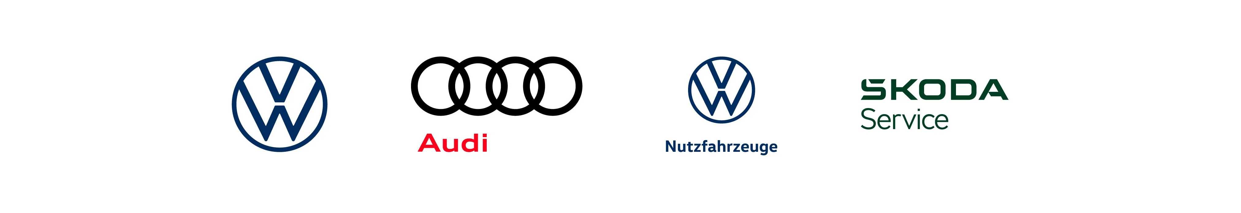 Logos von Volkswagen, Audi, Volkswagen Nutzfahrzeuge und ŠKODA Service nebeneinander auf weißem Hintergrund.