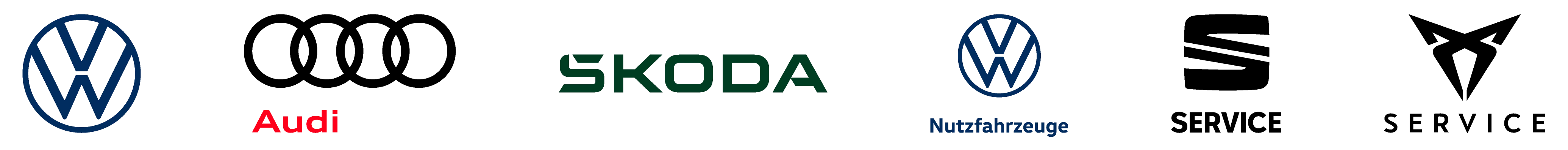 Logos von Volkswagen, Audi, Volkswagen Nutzfahrzeuge, SEAT Service, ŠKODA Service und CUPRA Service auf weißem Hintergrund.