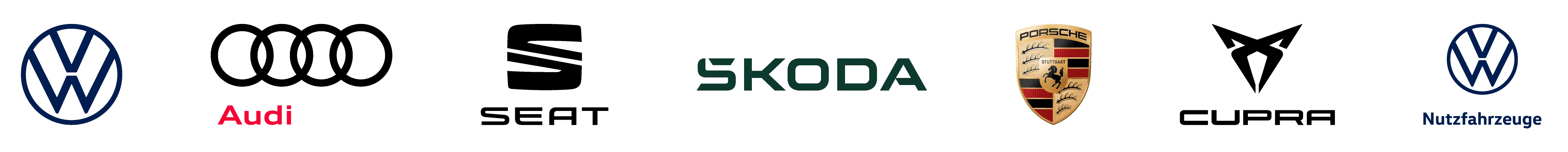 Logos von Volkswagen, Audi, Porsche, Volkswagen Nutzfahrzeuge und Škoda Service, nebeneinander angeordnet.