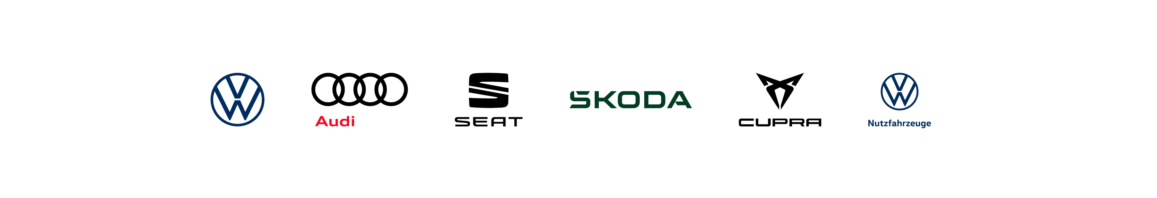 Logos der Automarken Volkswagen, Audi, SEAT, ŠKODA, CUPRA und Volkswagen Nutzfahrzeuge auf weißem Hintergrund.