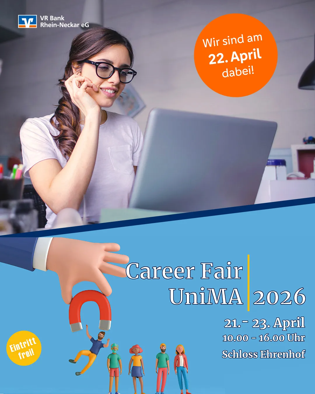 Junge Frau arbeitet am Laptop, daneben Hinweis auf die Career Fair UniMA 2026, bei der Du VR Bank treffen kannst.