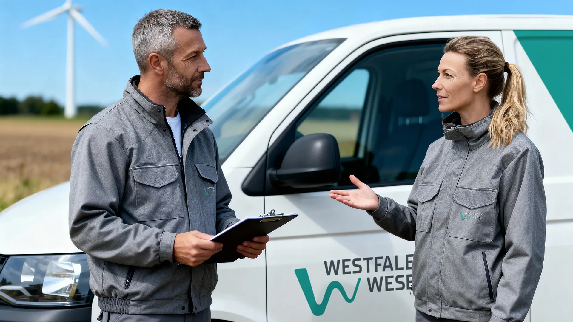 Zwei Westfalen Weser Mitarbeitende im Gespräch vor einem Firmenfahrzeug, im Hintergrund ein Windrad auf einem Feld.