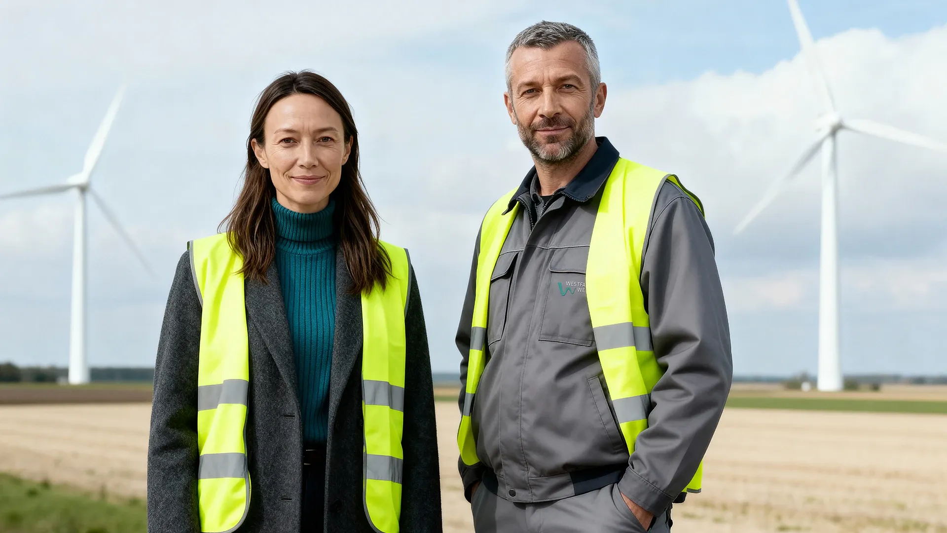 Zwei Mitarbeitende mit Warnwesten stehen vor Windkraftanlagen – Deine Karriere bei Westfalen Weser Netz in der Energiebranche.