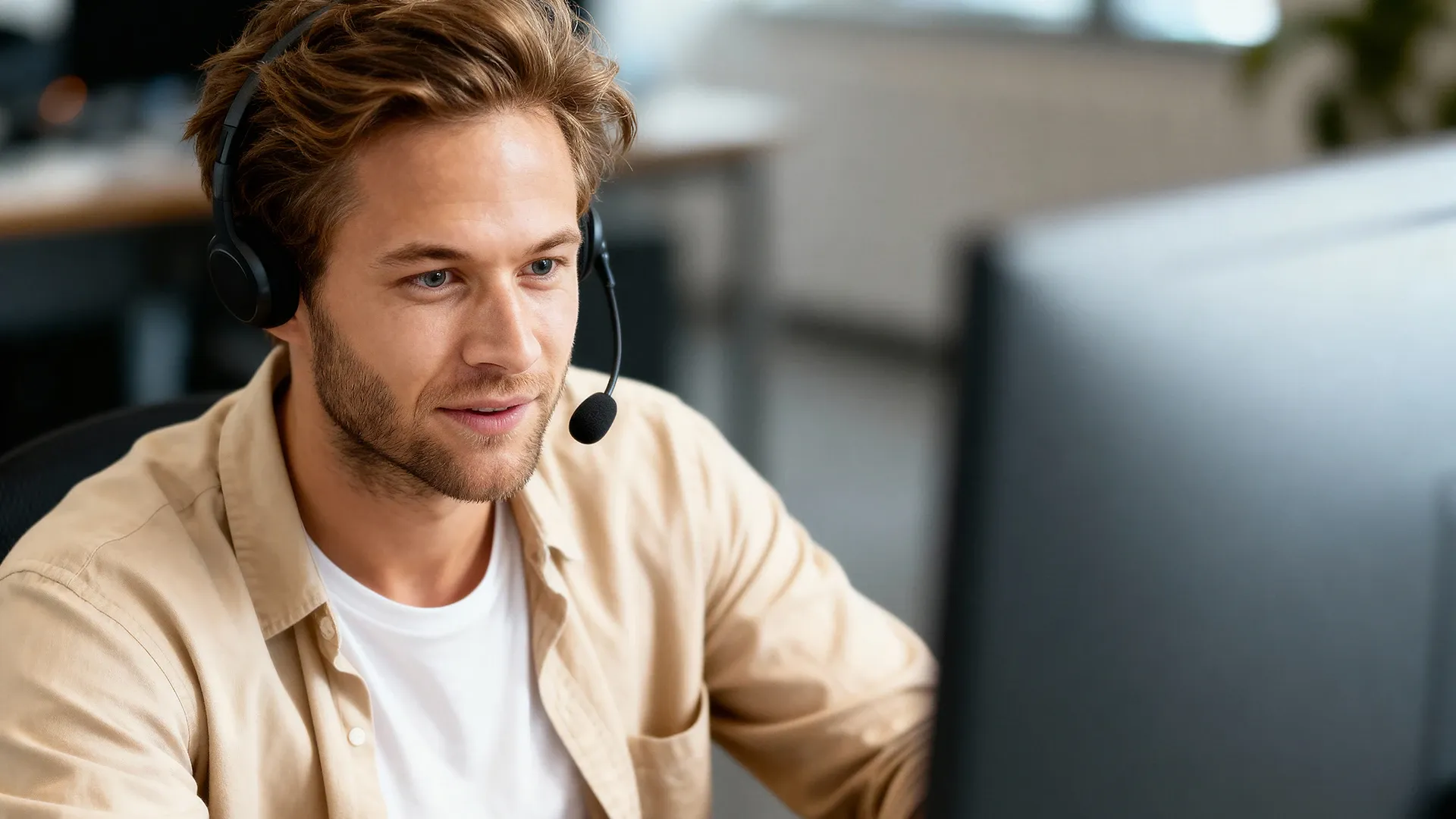Junger Mann mit Headset arbeitet konzentriert am Computer im modernen Büro bei Westfalen Weser Netz.