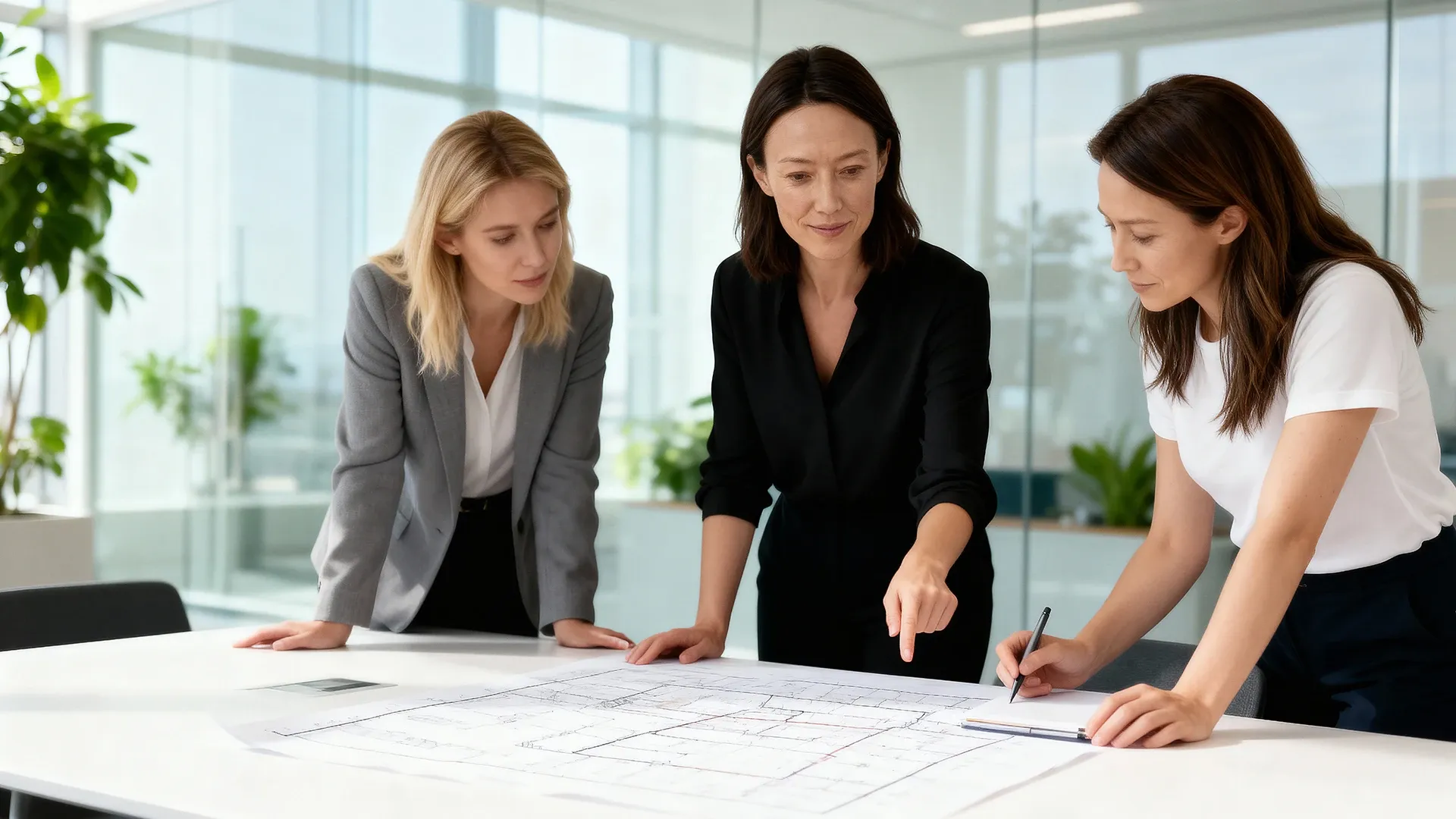 Drei Frauen besprechen gemeinsam Baupläne im modernen Büro – Teamarbeit bei Westfalen Weser Netz.